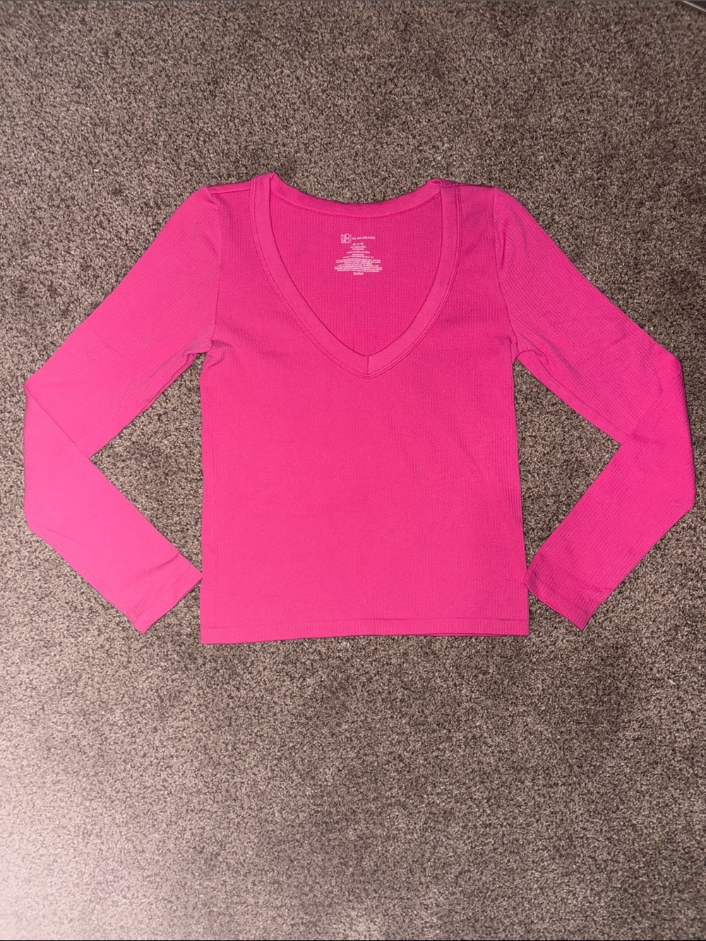 Hot Pink V-Neck Ribbed Long Sleeve Top